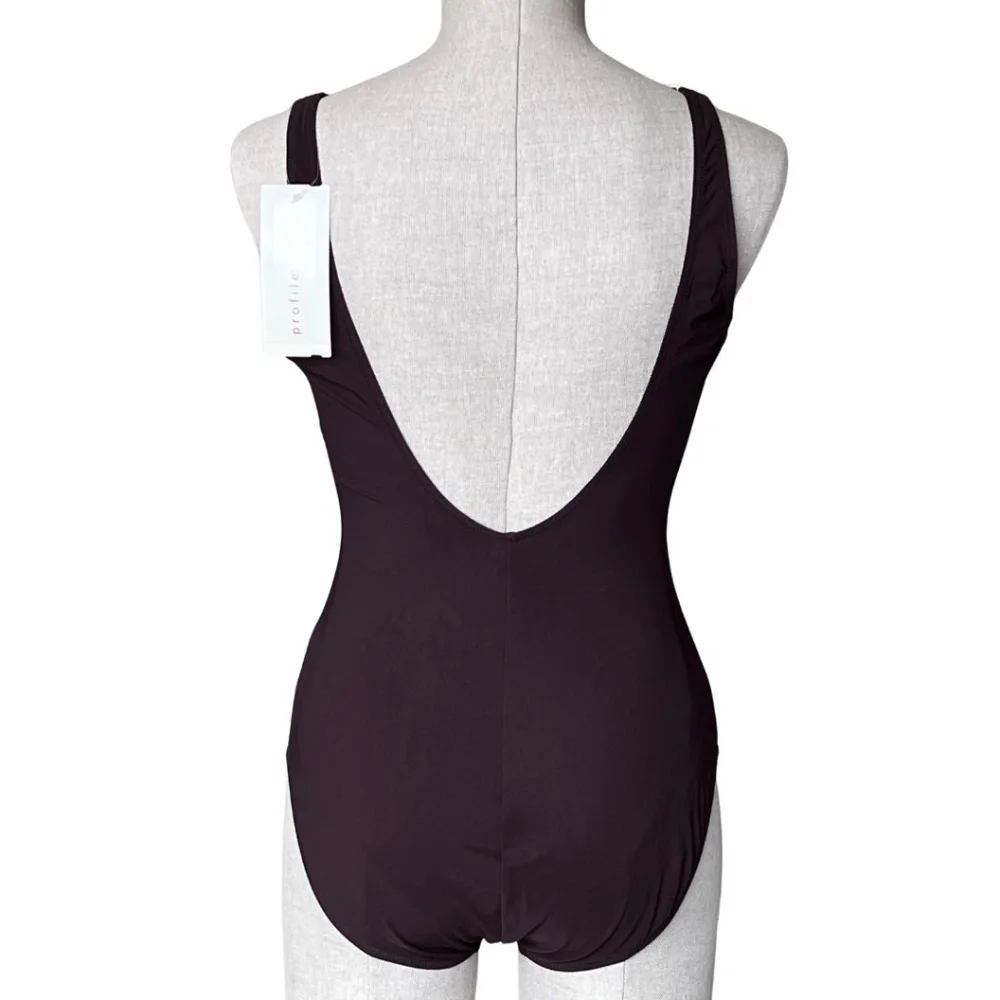 Profile By Gottex Brown One-Piece Swimsuit With Center Mesh Ruching Size 12 NWT